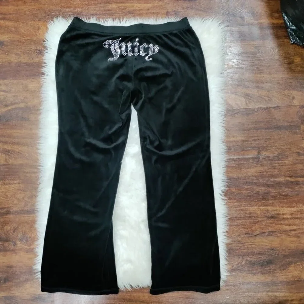 Juicy Couture Womens M/L Low Waist Velour Rhinestone Logo Wide Leg Pants Black - Picture 3 of 11